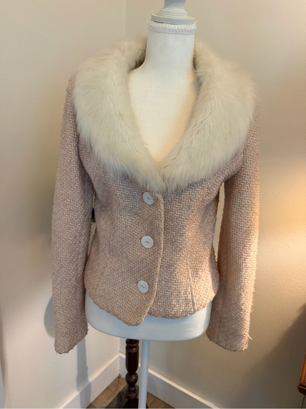 Blush Cream Tweed Vintage Coat Cream Faux Fur Shawl Collar Preppy Y2K Classy